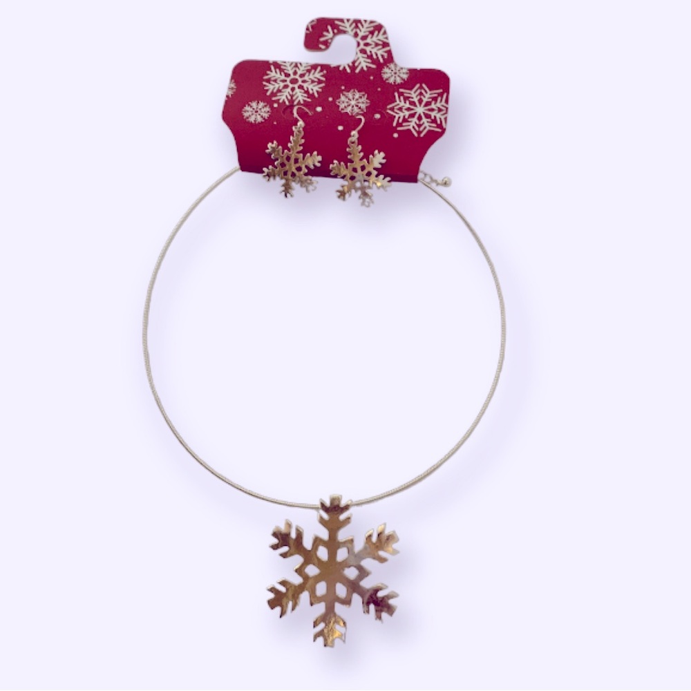 Christmas Snowflake Snow Silver Tone Choker Earrings Necklace Set Xmas Party Fun